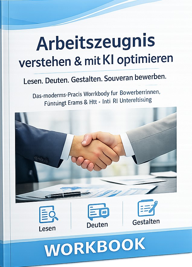 Workbook Arbeitszeugnis verstehen und mit KI optimieren – Lesen, Deuten, Gestalten, souverän bewerben, Cover mit Handschlag-Motiv