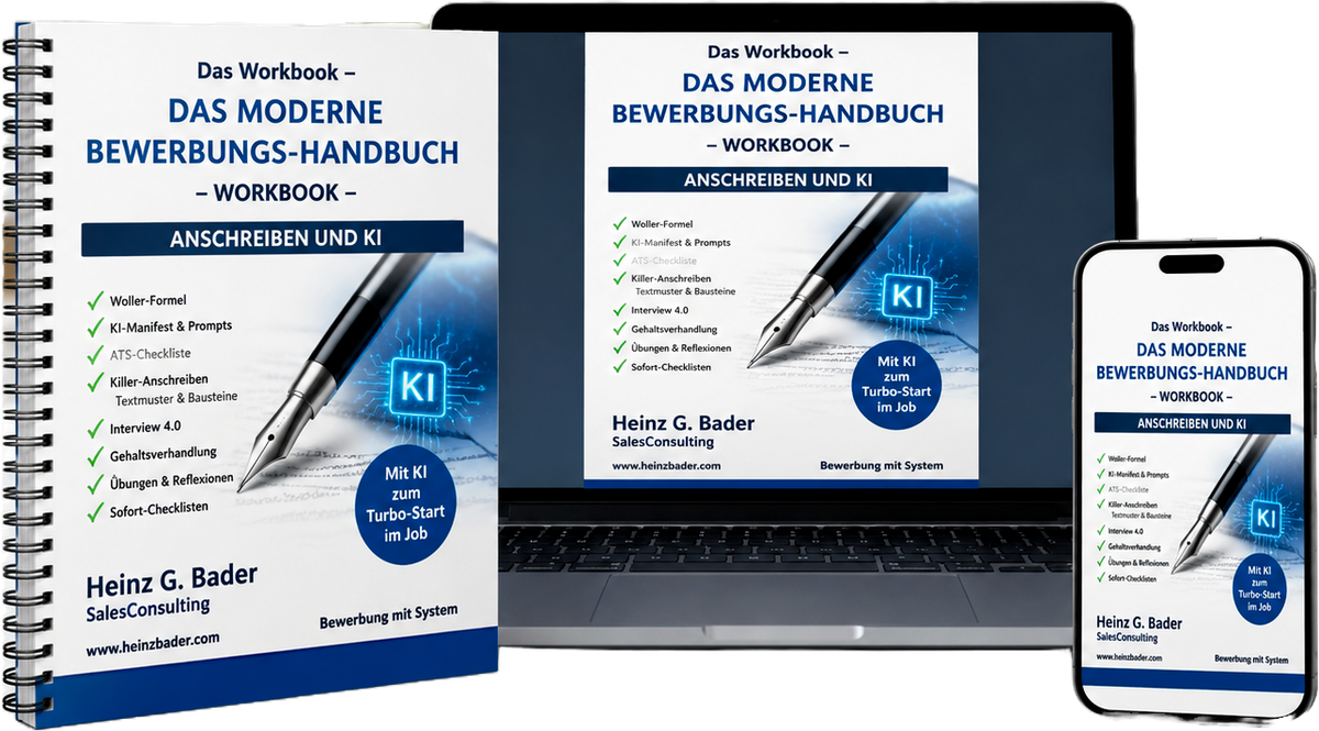 Workbook Das moderne Bewerbungs-Handbuch – Anschreiben und KI, Cover mit Laptop, Tablet und Smartphone