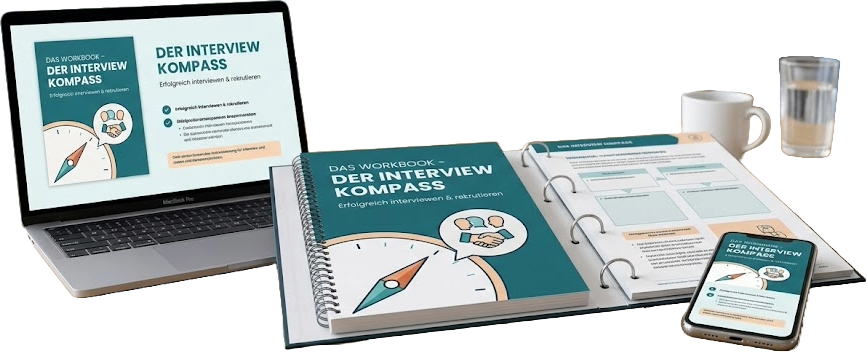Workbook Der Interview-Kompass – Erfolgreich interviewen und rekrutieren, Cover mit Laptop, Ordner und Smartphone