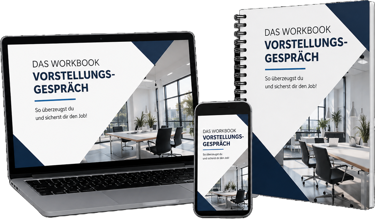 Workbook Vorstellungsgespräch – So überzeugst du und sicherst dir den Job, Cover mit Laptop und Smartphone